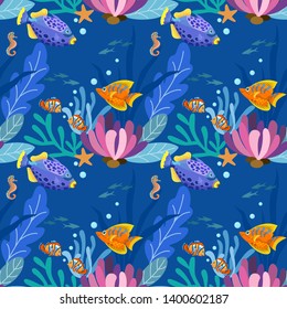 tropicalfish in blue seamless pattern