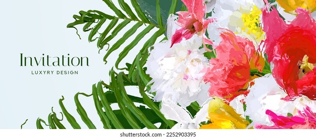 TropicalIn invitation card with exotic flower bouquet, pink orchid, green palm branch (monstera leaf). Floral horizontal vector template for wedding invite, Gift card, voucher, gift certificate