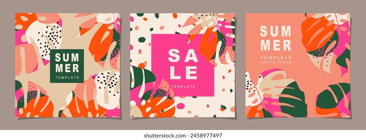 Tropicals template set for poster, cover, card, label, banner in modern minimalist style and simple summer design templates with tropical leaves, flower, Vector illustration.