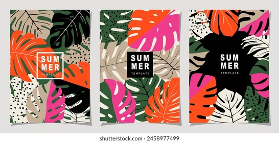 Tropicals template set for poster, cover, card, label, banner in modern minimalist style and simple summer design templates with tropical leaves, flower, Vector illustration.