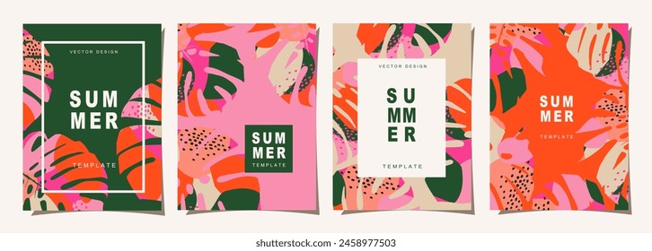 Tropicals template set for poster, cover, card, label, banner in modern minimalist style and simple summer design templates with tropical leaves, flower, Vector illustration.