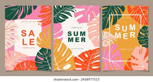 Conjunto de Plantilla Tropicals para póster, cubierta, tarjeta, etiqueta, Anuncio en estilo minimalista moderno y Plantillas de diseño de verano simple con hojas tropicales, flor, Ilustración vectorial.