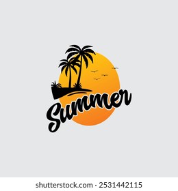 Logotipo de temática tropical con palmeras y una puesta de sol vibrante, que captura la esencia del verano. Perfecto para la marca de playa, vacaciones y viajes. Incluye aves voladoras y exuberante follaje.