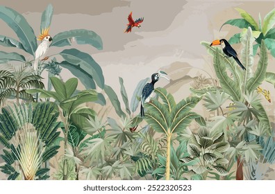 Tropical,Trees,And,Leaves,In,Foggy,Forest,Wallpaper,Design,Jungle Wallpaper Design, Tropical Plant, Watercolor Background.