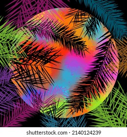 Tropicana background . Resort and Spa emblem. Tropical cosmetics. Beauty. Colorful Palm leaves in a circle. Vector illustration