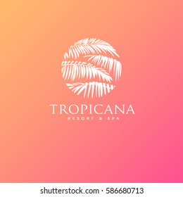Tropicana logo. Resort and Spa emblem. Tropical cosmetics. Beauty.
Palm leaves in a circle.