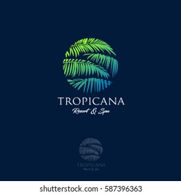 Tropicana logo. Resort and Spa emblem. Tropical cosmetics. Beauty.
Palm leaves in a circle.