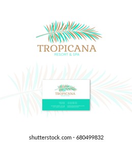 Tropicana logo. Resort and Spa emblem. Tropical cosmetics. Beauty.
Palm leaves and letters.