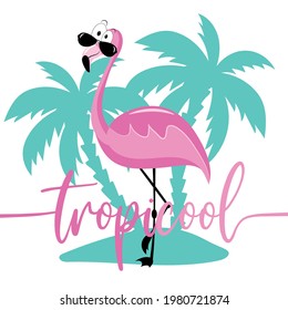 TropiCool- funny slogan with flaming on island. Good for greeting card, poster, banner, textile print, and other gift design.