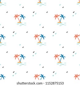 Tropics background. Hand Drawn doodle Palm trees, Sea waves and flying birds silhouette seamless pattern. Vector Seascape summer vacation background. Tropical wallpaper