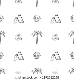 Tropics background. Hand Drawn doodle Palm trees, Sea waves and Mountains Seamless pattern. Vector Seascape summer vacation background. Tropical wallpaper