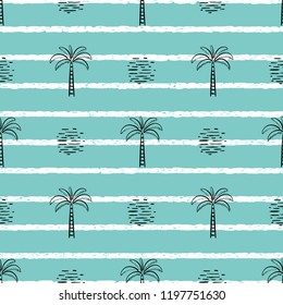 Tropics background. Hand Drawn doodle Palm trees and Sea waves Seamless pattern. Vector Seascape summer vacation background. Tropical wallpaper