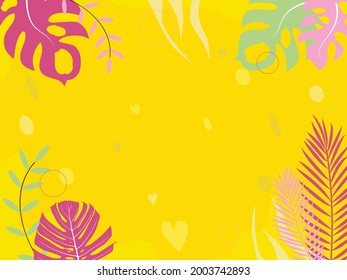 The tropics banner. Tropical leaves and plants are pink and green on a yellow background. Isolated vector illustration for design and web.