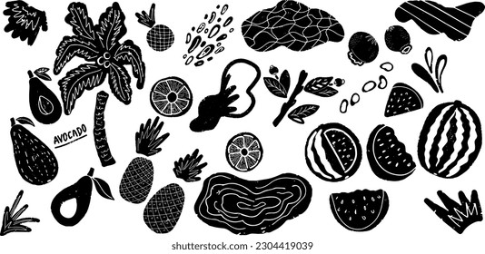 Trópicos. Conjunto exótico, de grano vectorial de elementos negros texturales para el diseño, patrones gráficos ondulados. Palmeras, frutas, texturas, manchas abstractas.
