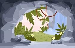 Tropics Jungle Landscape With A Waterfall, View From Inside The Cave. Stone Cave Entrance Or Exit In The Summer Forest. Old Den In Gray Rock Vector Illustration