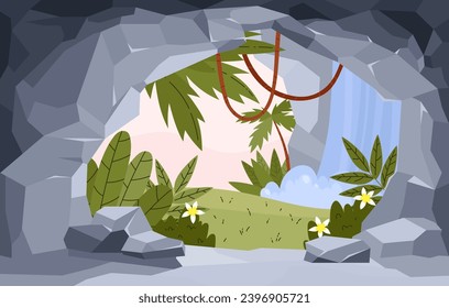 Tropics jungle landscape with a waterfall, view from inside the cave. Stone cave entrance or exit in the summer forest. Old den in gray rock vector illustration