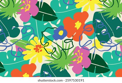 tropics leaves and flowers seamless pattern , with bright colours doodle hand drawn botanic illustration, decoration, cover, packaging, wallpaper, background, fabric, textile, clothing,vector