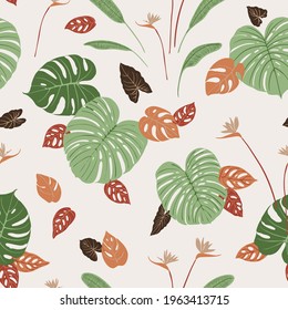 Tropics leaves seampless pattern vector modern. Color beige green, trend ornament