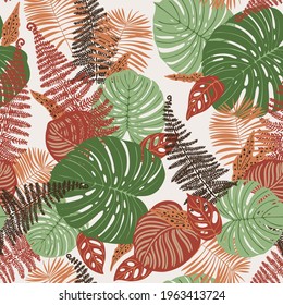 Los trópicos dejan un vector de patrones sin sentido moderno. Color beige verde, adorno de tendencia