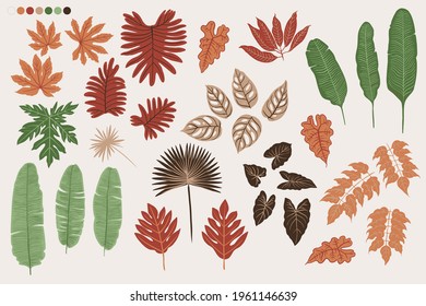 Tropics leaves vector beige 
 modern. Color green, trend ornament terra