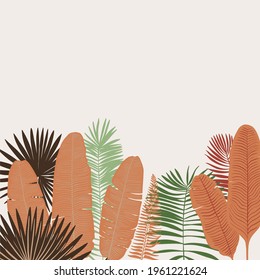 Tropics leaves vector beige modern. Color green, trend ornament terra