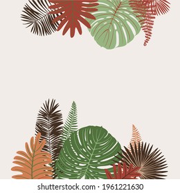 Tropics leaves vector beige modern. Color green, trend ornament terra