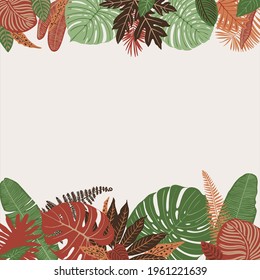 Tropics leaves vector beige modern. Color green, trend ornament terra