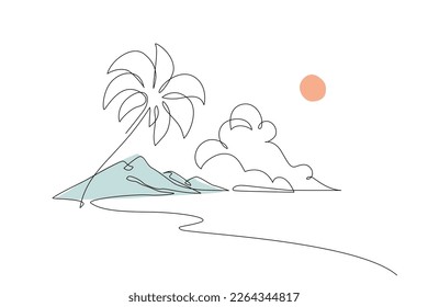 Tropics oasis island line drawing. Abstract tropical landscape continuous art line with mountains, sea, coconut palm tree, cloudscape. Vector nature wallpaper for minimal poster, template