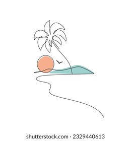 Tropics oasis island line drawing. Abstract tropical landscape continuous art line with mountains, beach sea, coconut palm tree. Vector nature wallpaper for minimal poster, template