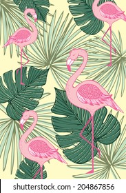 tropics- palm leaf and flamingo vector/illustration