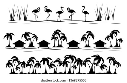 Tropics. Palm tree, bungalow and flamingo.  Horizontal tropical borders. Black silhouette. Isolation. Vector