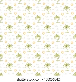 Tropics. Palm trees seamless pattern.  Hand Drawn doodle palm tree, cloud, sun.
Vector summer vacation background. Tropical wallpaper.