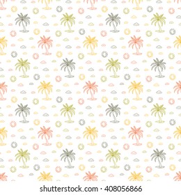 Tropics. Palm trees seamless pattern.  Hand Drawn doodle palm tree, cloud, sun.
Vector summer vacation background. Tropical wallpaper.