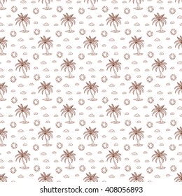 Tropics. Palm trees seamless pattern.  Hand Drawn doodle palm tree, cloud, sun.
Vector summer vacation background. Tropical wallpaper.