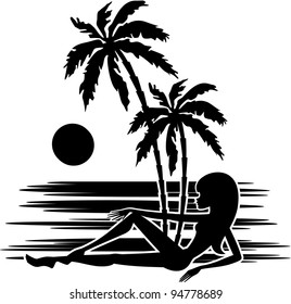 Tropics. A palm trees and woman silhouette on a white background .  vector