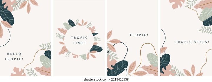 Tropics. Posters. Summer. Banners. Wall design. Decor. Hand drawn vector. Set of posters. Postcard design, print for printing on fabric, stationery. For websites. Gift card. Modern design.