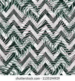 Tropics seamless pattern background. Modern exotic tropical leaves,backdrop pattern with seamless zigzag lines. Summer colorful trendy natural print for decoration fabric, fashion textile. Vector art