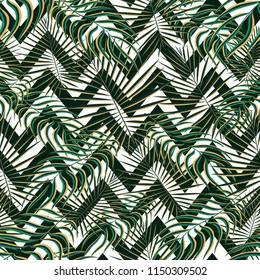 Tropics seamless pattern background. Modern exotic tropical leaves,backdrop pattern with seamless zigzag lines. Summer colorful trendy natural print for decoration fabric, fashion textile. Vector art