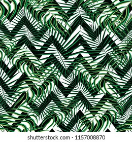 Tropics seamless pattern background. Modern exotic tropical leaves,backdrop pattern with seamless zigzag lines. Summer colorful trendy natural print for decoration fabric, fashion textile. Vector art