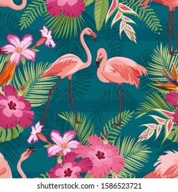 Tropics seamless pattern. Flamingo vector background. Exotic flowers and birds vector wallpaper. Floral print pattern