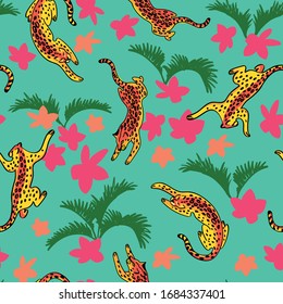 Tropics seamless pattern with leopards and exotic flowers, palm leaves vector illustration on a white background.