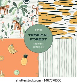 Tropics seamless pattern set. Flora and fauna background. Tropical fruits. Animal striped print. Rainforest animals. Tiger and chameleon. Decorative textile, wallpaper, wrapping paper vector design