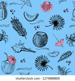 Tropics seamless pattern. Summer pattern. Coconut, palm, cocktail, pineapple, seashells.