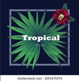 tropics, vector illustration on dark background, palm leaf and flowers, hand drawing