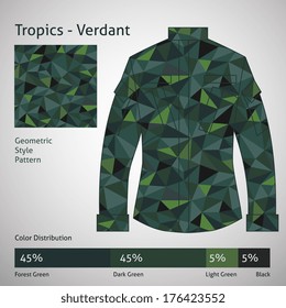 Tropics Verdant Camouflage Jacket,  Geometric triangle tile pattern. Vector Illustration