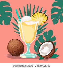 Tropischer summer coconut cocktail pina collada with pineapple and coconut on pastel pink background. National Piña Colada Day vector illustration eps10