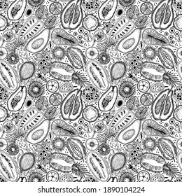 Tropische Obstscheiben nahtlos im Doodle-Stil. exotische Früchte aus schwarz-weißem Anbau. handgezeichnet, Vektorgrafik auf weißem Hintergrund