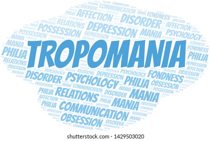 Tropomania word cloud. Type of mania, made with text only.