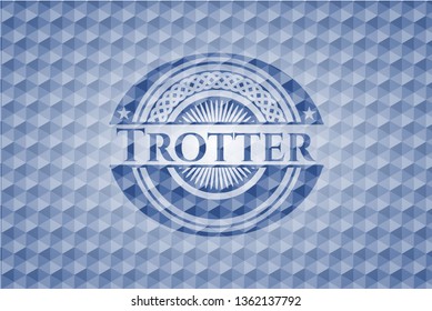 Trotter blue badge with geometric pattern background.