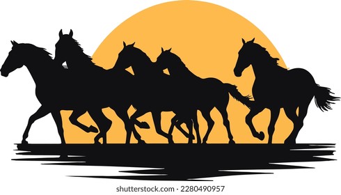 Trotting horses silhouette background illustration. Silhouette of large herd of horses..